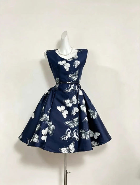 Striking Navy Sleeveless V‑Neck White Butterfly Print A Line Short Homecoming Dress AS2306