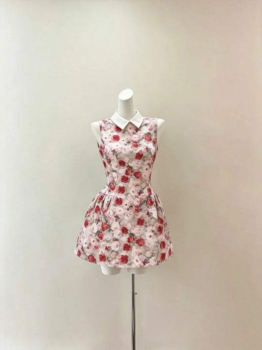 Sweet Ivory Sleeveless White Pointed Collar Vintage Red Rose Print A Line Short Homecoming Dress AS2307