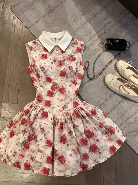 Sweet Ivory Sleeveless White Pointed Collar Vintage Red Rose Print A Line Short Homecoming Dress AS2307