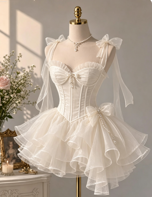 Dreamy Ivory Straps Bow Corset Bodice Pearl Accent Multi‑Layer Ruffle A Line Short Homecoming Dress AS2308