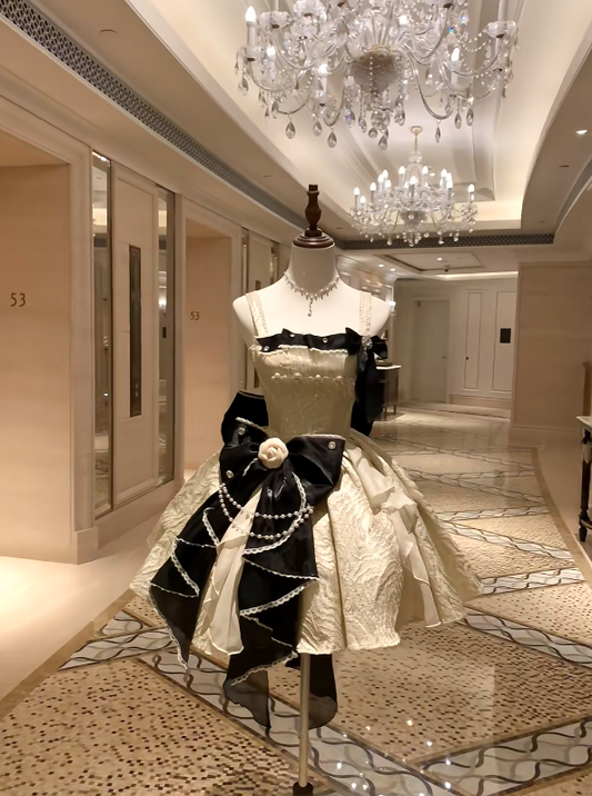 Opulent Ivory‑Black Straps Large Rose Pearl Appliqué Corset Lace‑Up Back Large Bow A Line Short Homecoming Dress AS2309