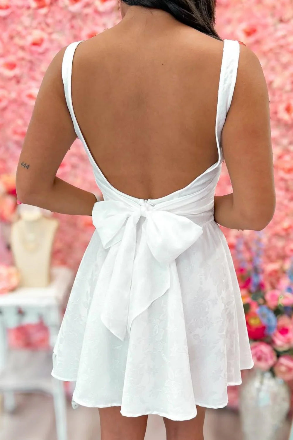 White Open Back Mini Homecoming Dress With Bow Detail And Flared Skirt AS231