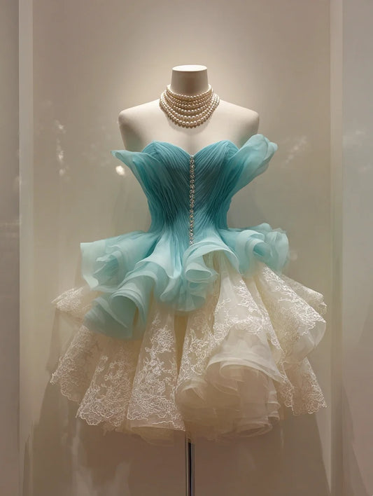 Stunning Aqua Strapless Pleated Tulle Rhinestone Trim Multi‑Layer Ruffled Lace A Line Short Homecoming Dress AS2310