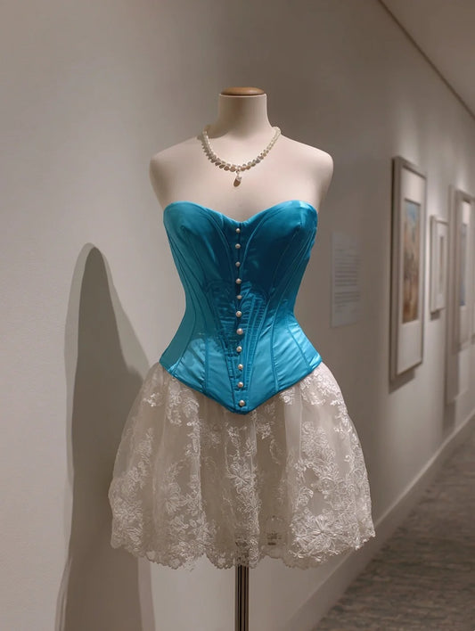 Dazzling Turquoise Strapless Sweetheart Satin Pearl Button Corset Bodice White Floral Lace A Line Short Homecoming Dress AS2311
