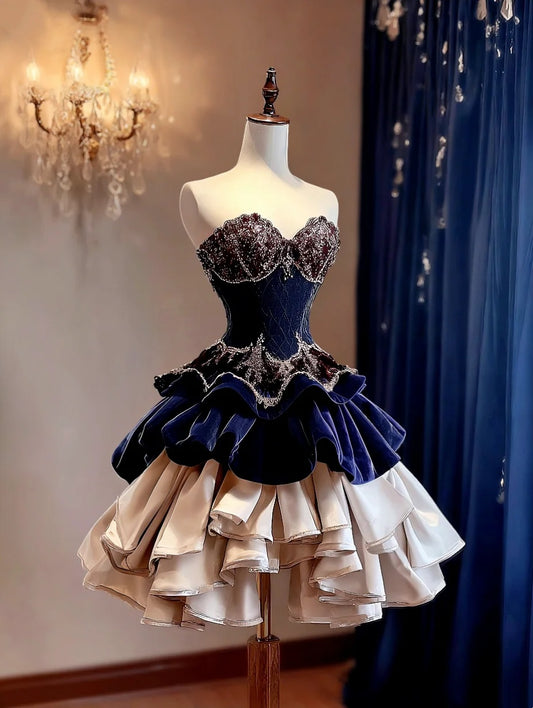 Glamorous Navy Strapless Sweetheart Beaded Velvet Corset Bodice Multi‑Layer Ruffle A Line Short Homecoming Dress AS2312