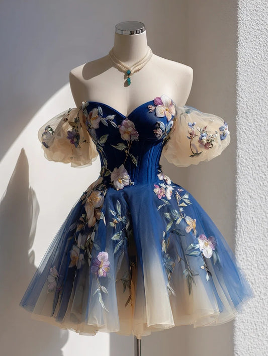 Gorgeous Navy Off Shoulder Puff Short Sleeve 3D Floral Applique Corset Gradient Tulle A Line Short Homecoming Dress AS2313