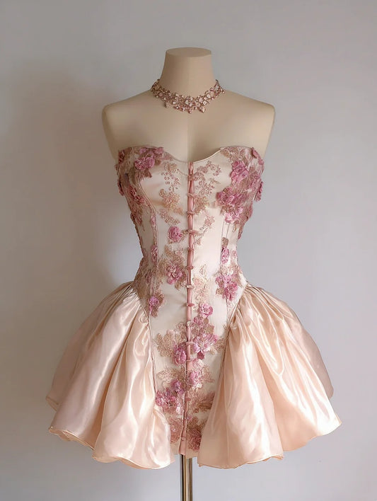 Delicate Pink Strapless 3D Floral Appliqué Corset Bodice Glossy Satin A Line Short Homecoming Dress AS2314