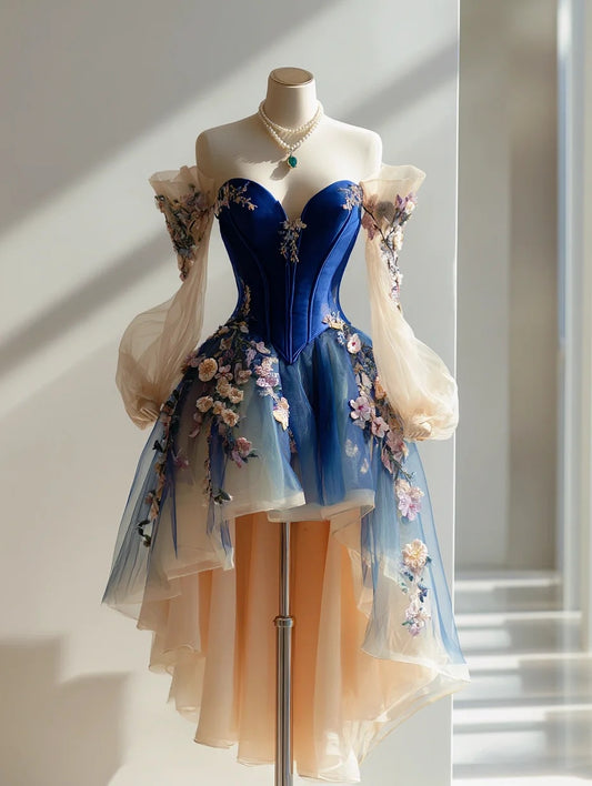 Stunning Royal‑Blue Off Shoulder Long Puff Sleeve Floral Appliqué Corset A Line High‑Low Tulle Short Homecoming Dress AS2315