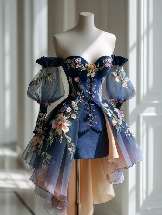 Opulent Navy Off Shoulder Long Puff Sleeve 3D Floral Appliqué Lace‑Up Corset High‑Low Tulle Bodycon Underskirt Homecoming Dress AS2316