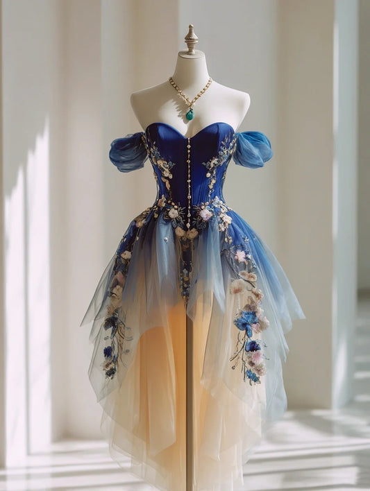 Gorgeous Royal‑Blue Off Shoulder Puff Short Sleeve Rhinestone Trim Floral Appliqué Ombre A Line High‑Low Tulle Short Homecoming Dress AS2317