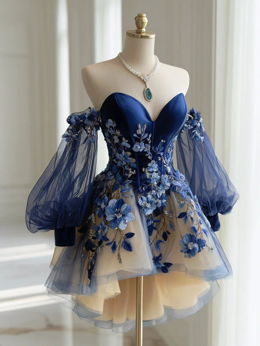 Glamorous Navy Off Shoulder Sheer Puff Long Sleeve 3D Floral Appliqué Satin Corset A Line Short Homecoming Dress AS2318