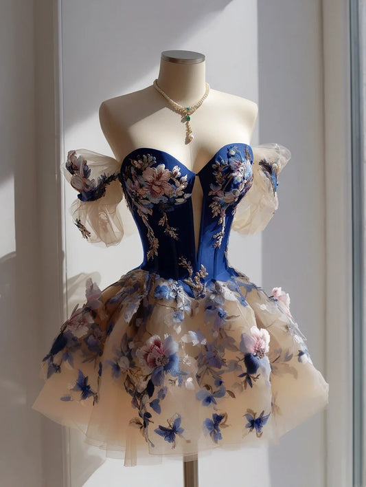 Gorgeous Royal‑Blue Off Shoulder Short Puff Sleeve Deep V‑Neck Floral Appliqué Voluminous Tulle A Line Short Homecoming Dress AS2319