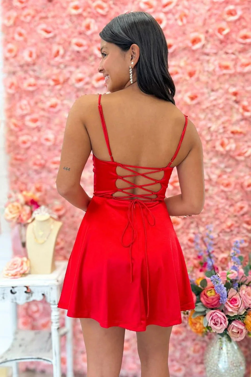 Red Fit And Flare Spaghetti Strap Lace Up Short Homecoming Dress AS232