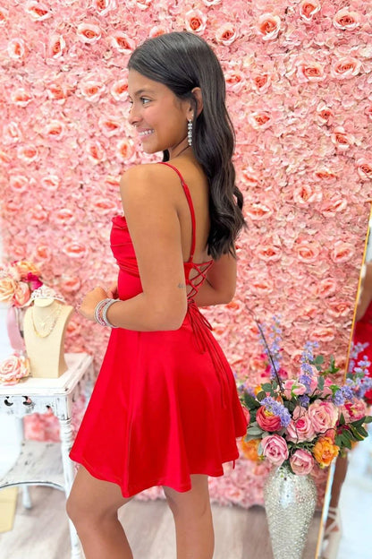 Red Fit And Flare Spaghetti Strap Lace Up Short Homecoming Dress AS232
