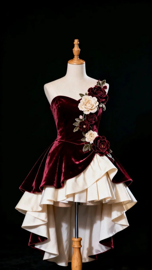 Luxurious Burgundy Sweetheart Velvet 3D Floral Appliqué Corset Ivory Satin Ruffled High‑Low A Line Short Homecoming Dress AS2320