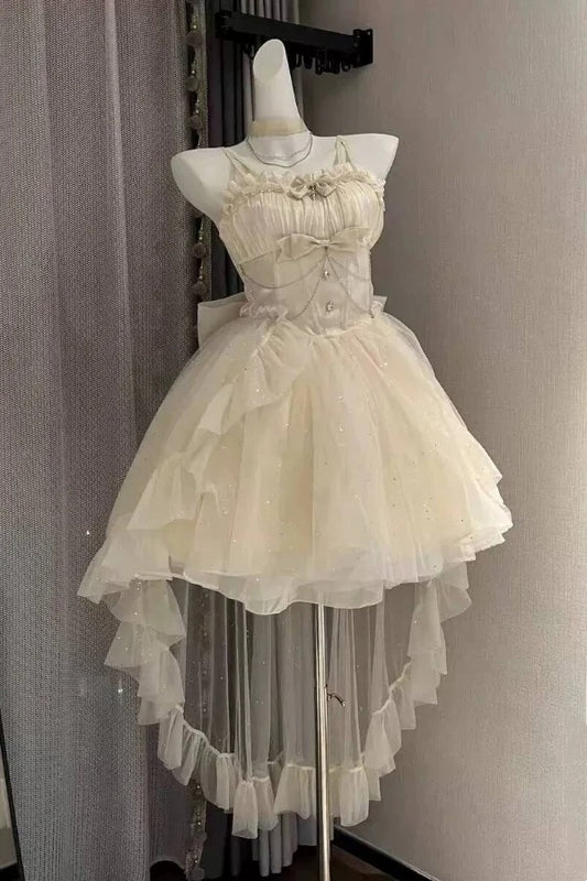 Dreamy Ivory Spaghetti Strap Ruffled Bow Rhinestone Embellished Beaded Chain Glitter Tulle High‑Low A Line Short Homecoming Dress AS2321
