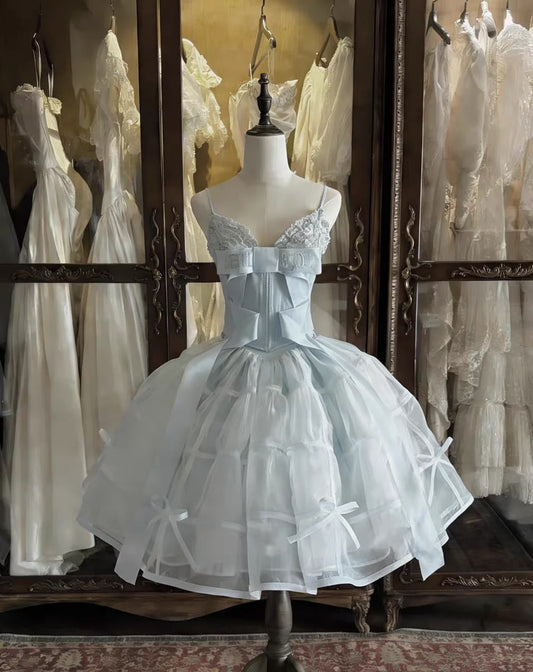 Airy Light Blue Spaghetti Strap Lace Sweetheart Multi‑Bow Corset A Line Tulle Puffy Short Homecoming Dress AS2322