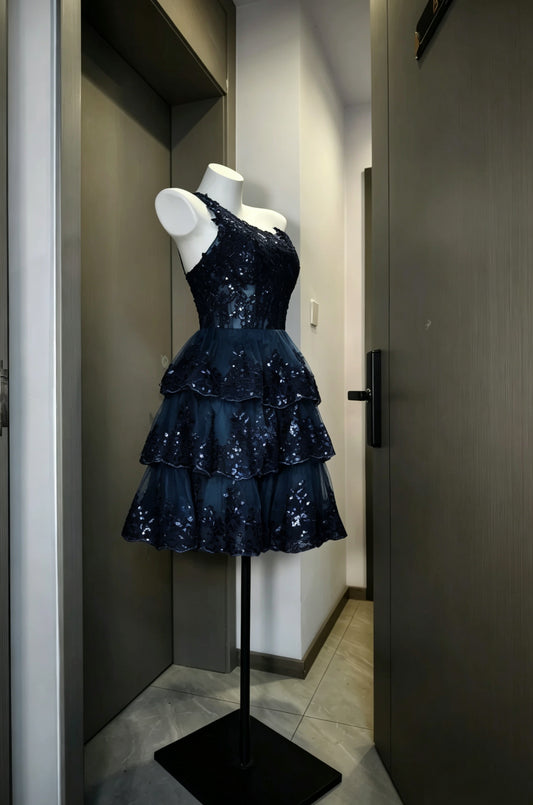 Sparkly Navy One‑Shoulder Sequin Lace Tiered Ruffled Tulle A‑line Short Homecoming Dress AS2324