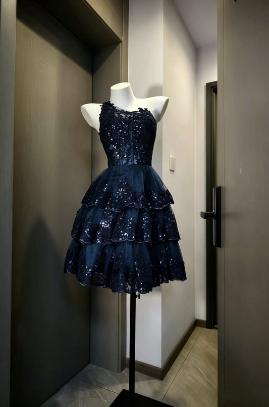 Sparkly Navy One‑Shoulder Sequin Lace Tiered Ruffled Tulle A‑line Short Homecoming Dress AS2324