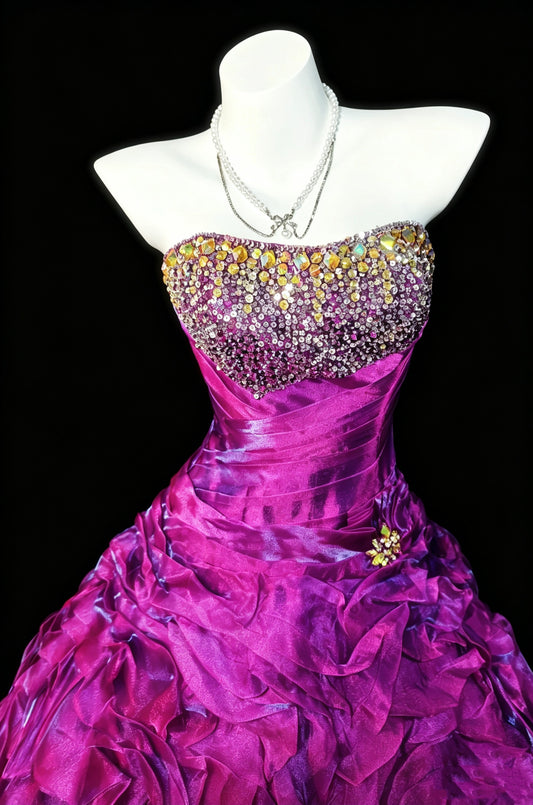 Radiant Fuchsia Strapless Rhinestone Sequin Beaded Bodice Ruched Satin Ruffled Voluminous A Line Short Homecoming Dress AS2325