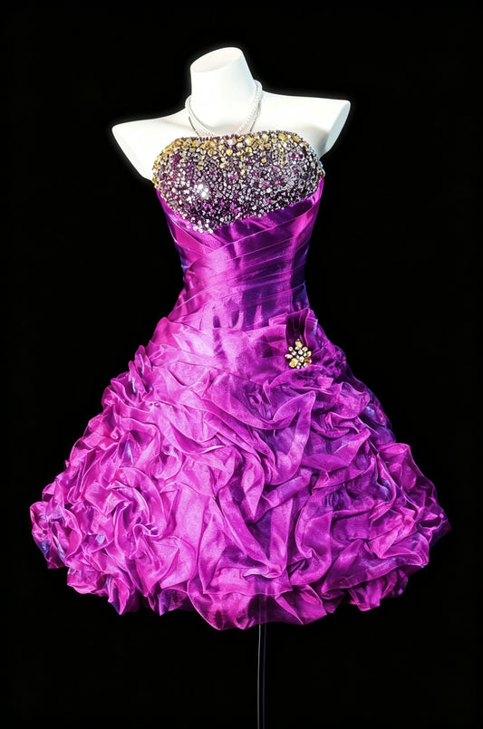Radiant Fuchsia Strapless Rhinestone Sequin Beaded Bodice Ruched Satin Ruffled Voluminous A Line Short Homecoming Dress AS2325