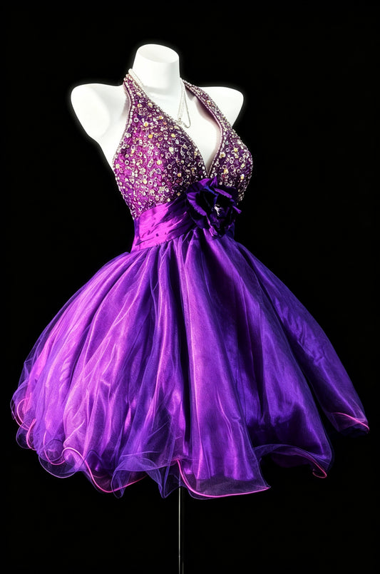 Glamorous Purple Halter V‑Neck Rhinestone Sequin Beaded Bodice 3D Floral Waist Flowy Organza A Line Short Homecoming Dress AS2326