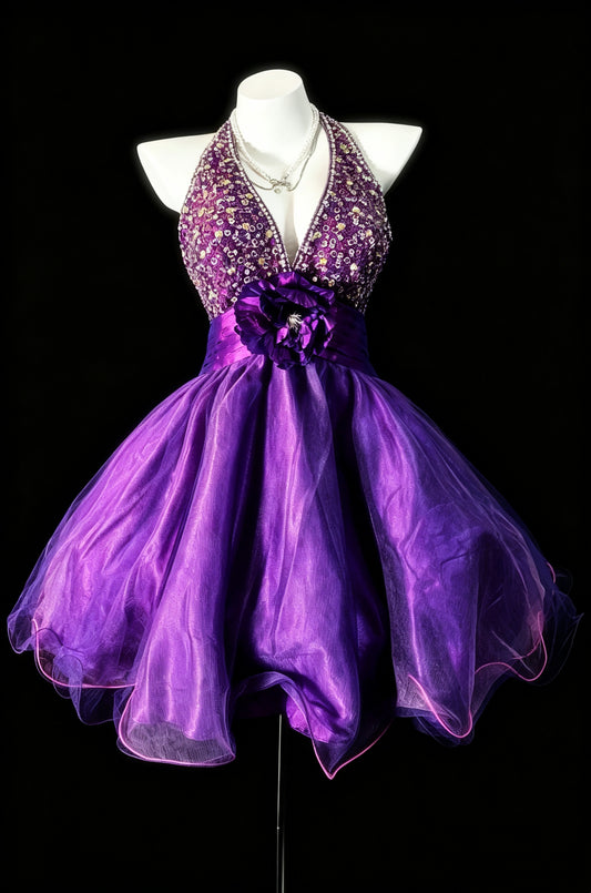 Glamorous Purple Halter V‑Neck Rhinestone Sequin Beaded Bodice 3D Floral Waist Flowy Organza A Line Short Homecoming Dress AS2326