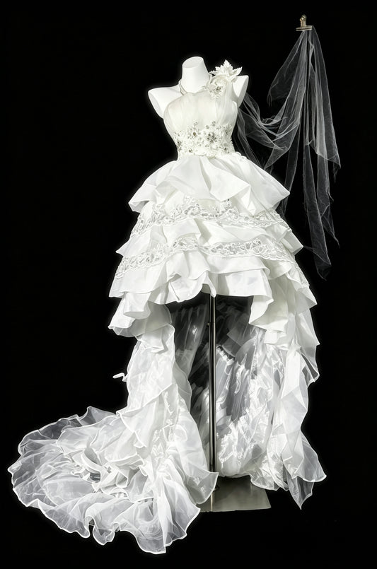 Elegant White One‑Shoulder 3D Floral Appliqué Beaded Lace High‑Low Ruffled A Line Short Homecoming Dress With Chapel Train AS2327
