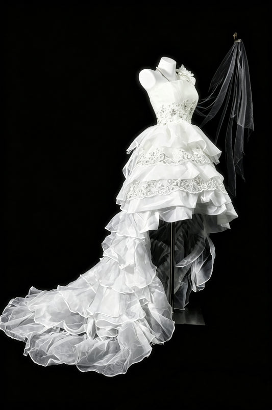 Elegant White One‑Shoulder 3D Floral Appliqué Beaded Lace High‑Low Ruffled A Line Short Homecoming Dress With Chapel Train AS2327