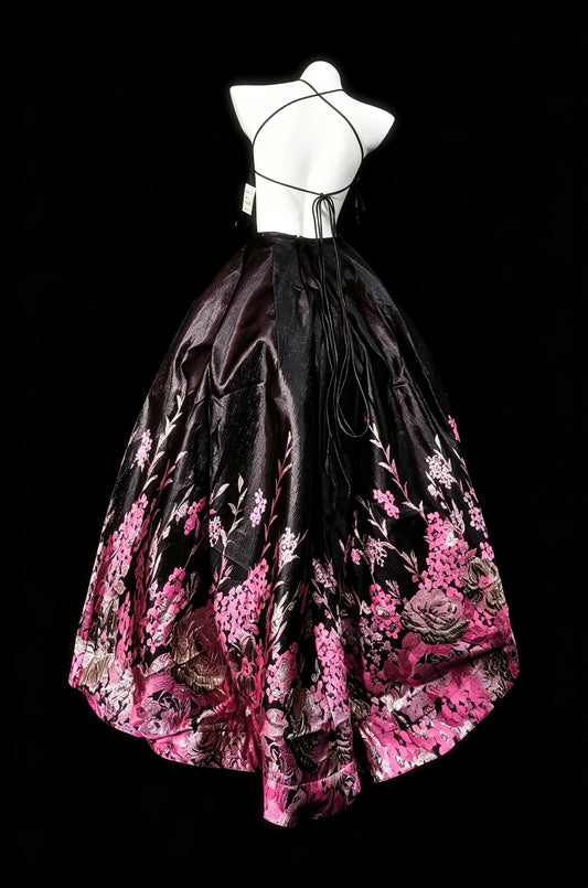 Striking Black‑Pink Halter Sweetheart Jacquard Floral High‑Low Tiered A Line Short Homecoming Dress AS2328
