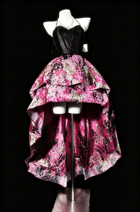 Striking Black‑Pink Halter Sweetheart Jacquard Floral High‑Low Tiered A Line Short Homecoming Dress AS2328