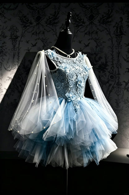 Dreamy Light Blue 3D Floral Lace Illusion Round Neck Sleeveless Pearl Sheer Cape Tiered Tulle A Line Short Homecoming Dress AS2329