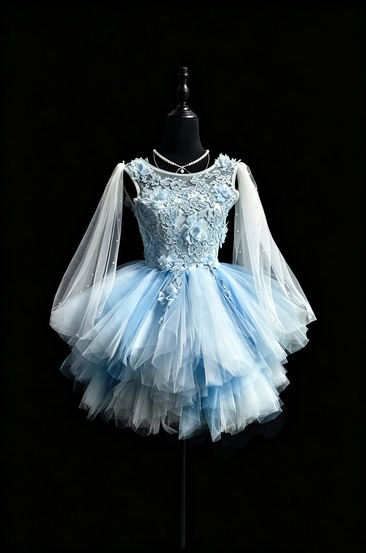 Dreamy Light Blue 3D Floral Lace Illusion Round Neck Sleeveless Pearl Sheer Cape Tiered Tulle A Line Short Homecoming Dress AS2329