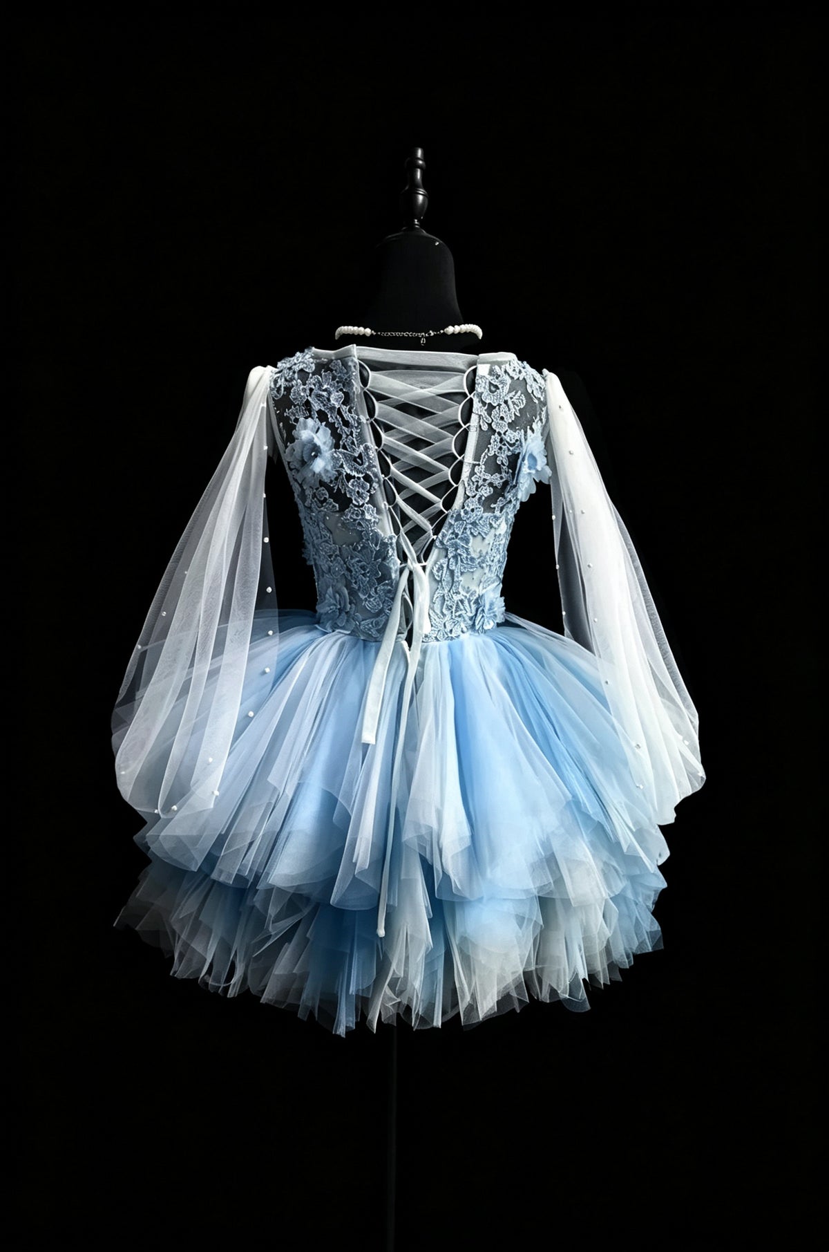 Dreamy Light Blue 3D Floral Lace Illusion Round Neck Sleeveless Pearl Sheer Cape Tiered Tulle A Line Short Homecoming Dress AS2329