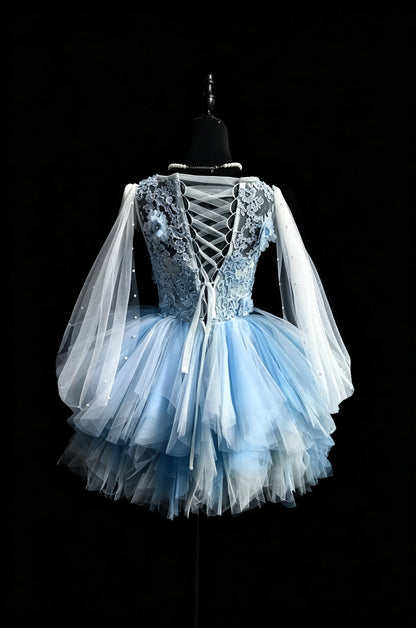 Dreamy Light Blue 3D Floral Lace Illusion Round Neck Sleeveless Pearl Sheer Cape Tiered Tulle A Line Short Homecoming Dress AS2329