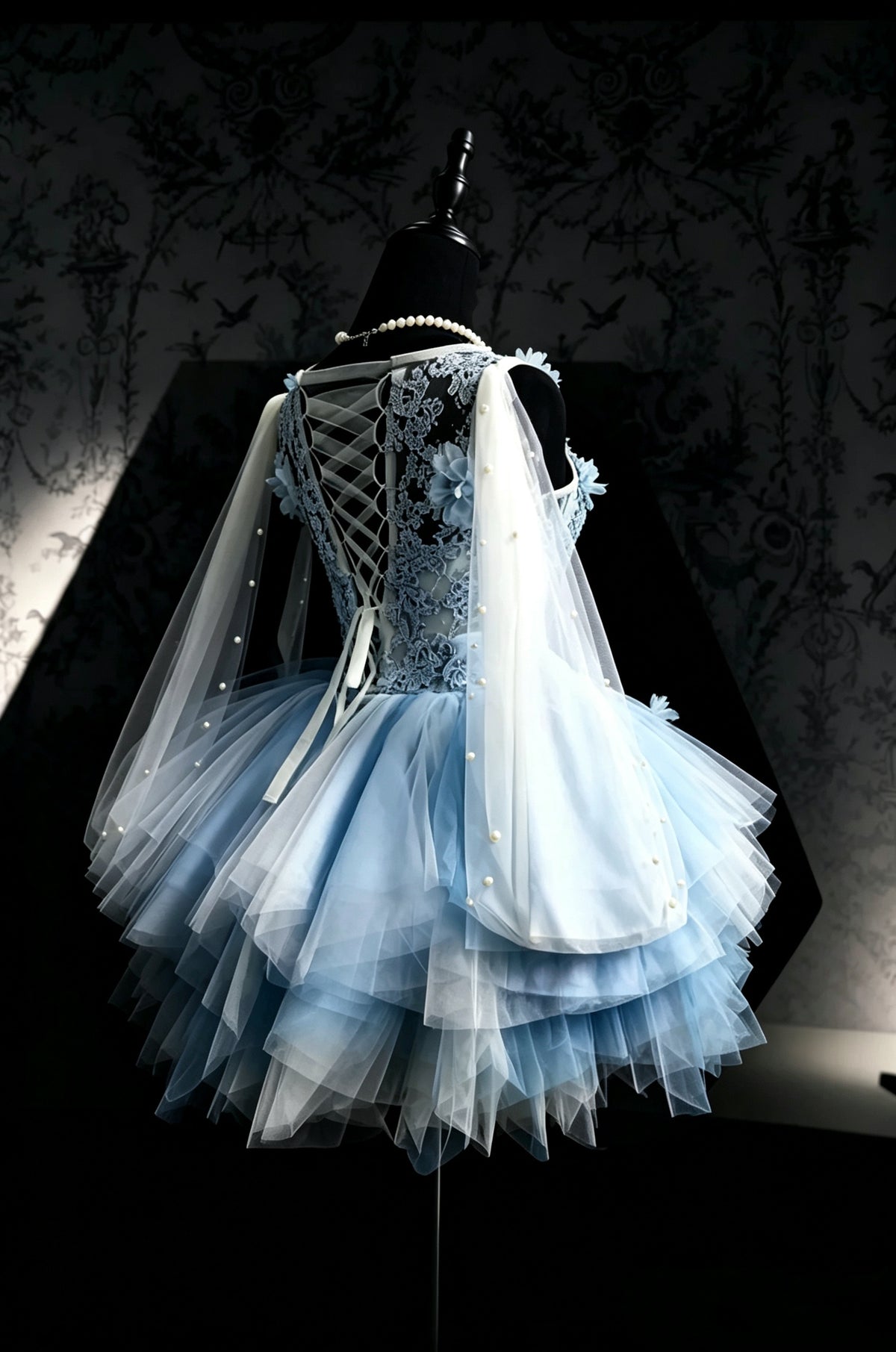 Dreamy Light Blue 3D Floral Lace Illusion Round Neck Sleeveless Pearl Sheer Cape Tiered Tulle A Line Short Homecoming Dress AS2329
