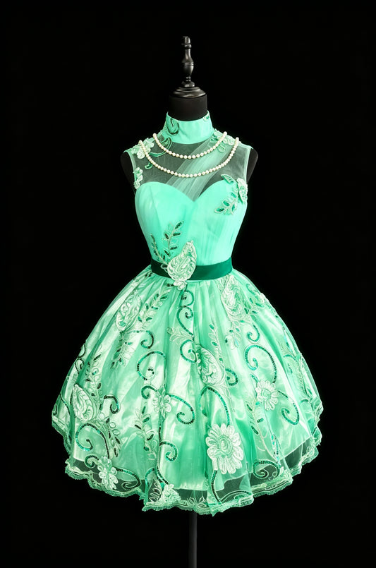 Vivid Green High Neck Illusion Mesh 3D Floral Applique Sequin Embroidered Tulle A Line Short Homecoming Dress AS2330