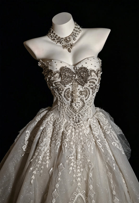Luxurious Champagne Strapless Sweetheart Heavy Beaded Lace Glitter Tulle A Line Short Homecoming Dress With Chapel Train AS2331