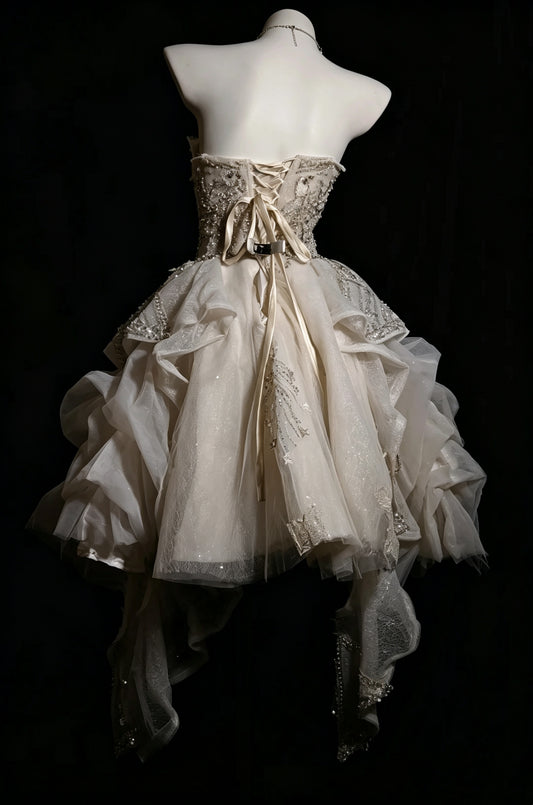 Stunning Champagne Strapless Heavy Beaded Sequined Glitter Tulle Cascading Ruffled A Line Short Homecoming Dress AS2332