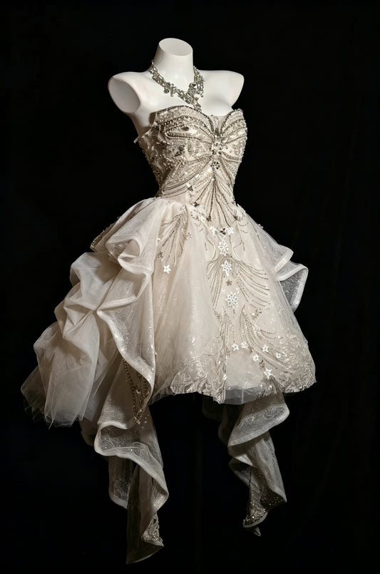 Stunning Champagne Strapless Heavy Beaded Sequined Glitter Tulle Cascading Ruffled A Line Short Homecoming Dress AS2332