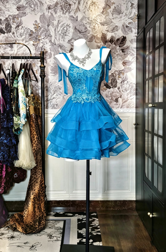 Eye‑Catching Blue V‑Neck Tie Straps Floral Lace Corset Lace‑Up Back Tiered Ruffle Tulle A Line Short Homecoming Dress AS2333
