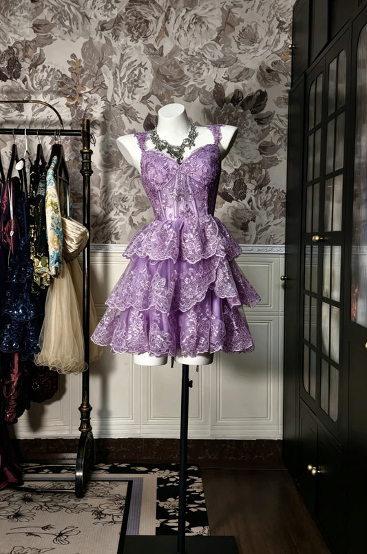 Delicate Lavender Sweetheart Wide Lace Straps Corset Bodice Tiered Ruffled Lace Sequin Tulle A Line Short Homecoming Dress AS2334