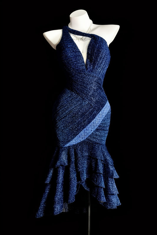 Glamorous Navy One Shoulder Keyhole Deep V‑Neck Glitter Mermaid Tiered Ruffle Midi Homecoming Dress AS2335