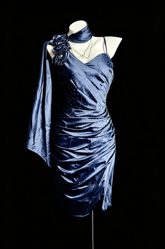 Regal Navy Sweetheart Spaghetti Strap 3D Floral Accent Rhinestone Bodice Ruched Bodycon Short Homecoming Dress AS2336