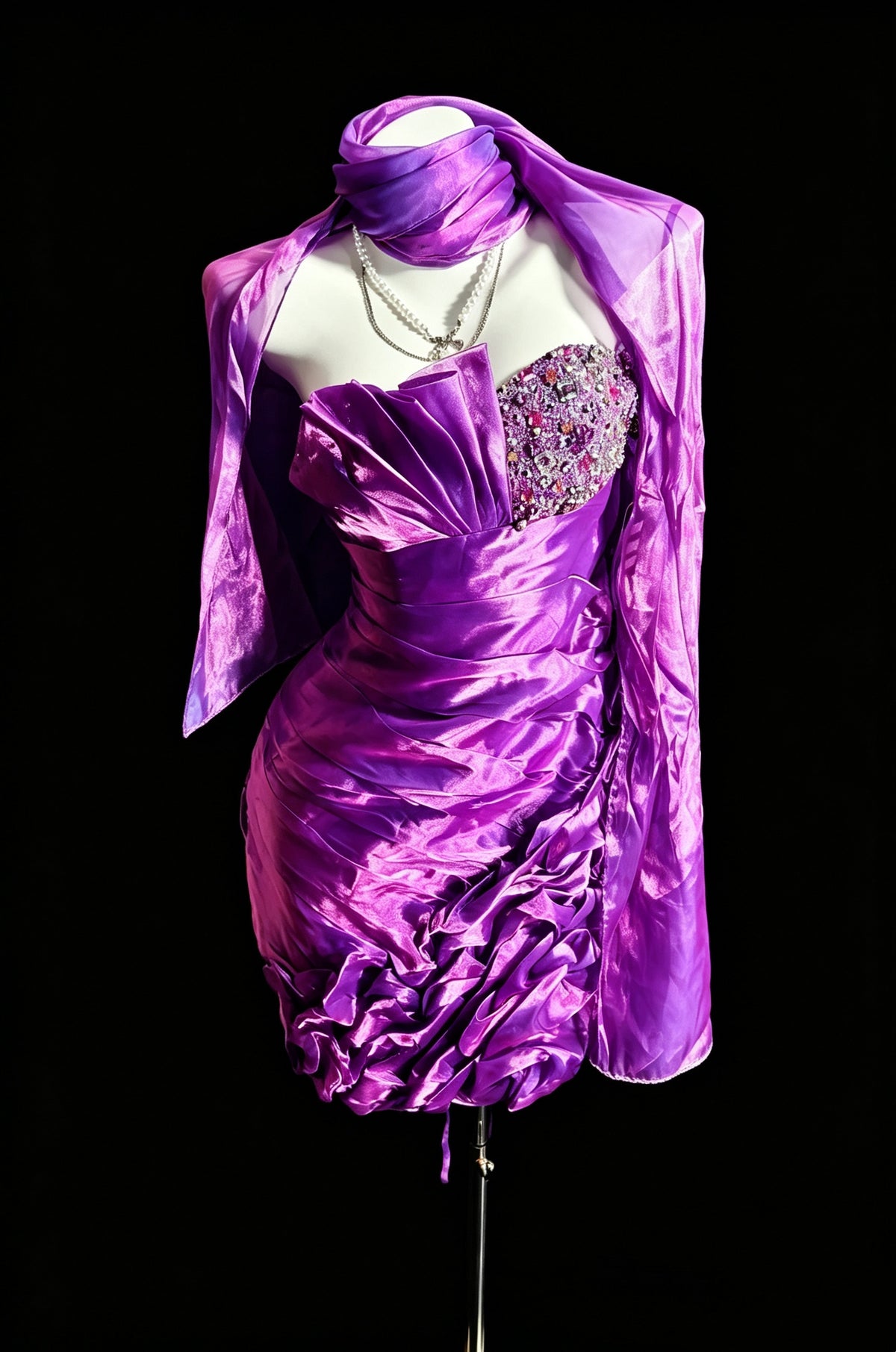 Glamorous Purple Strapless Beaded Bodice Pleated 3D Ruffle Ruched Bodycon Short Homecoming Dress With Matching Shawl AS2337