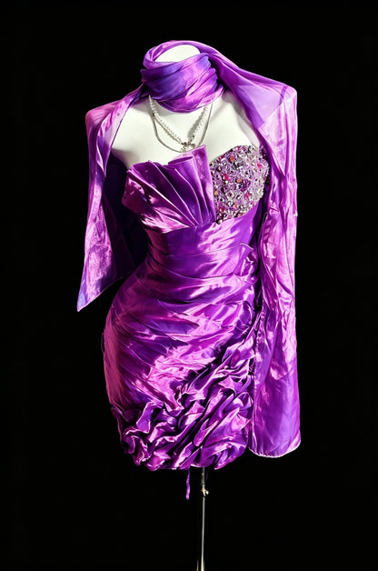 Glamorous Purple Strapless Beaded Bodice Pleated 3D Ruffle Ruched Bodycon Short Homecoming Dress With Matching Shawl AS2337