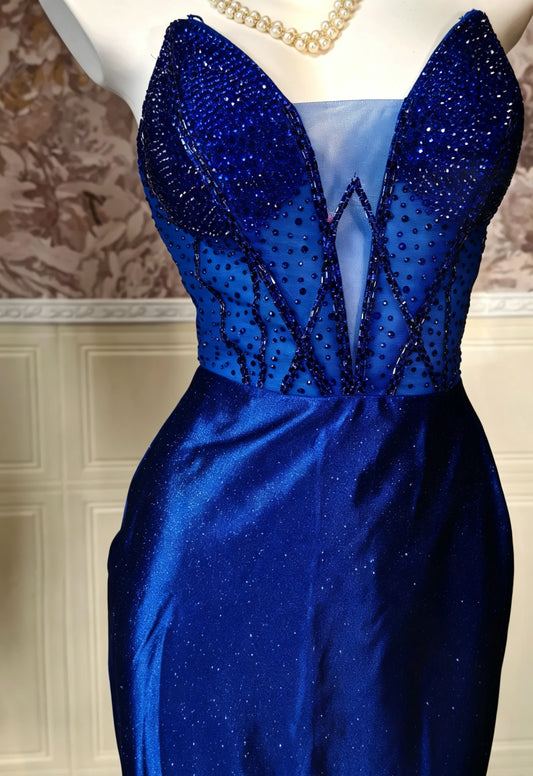 Dazzling Royal Blue Strapless Plunging V Mesh Inset Beaded Glitter Satin Bodycon Short Homecoming Dress AS2338