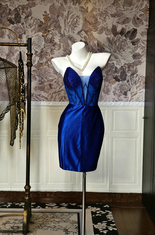 Dazzling Royal Blue Strapless Plunging V Mesh Inset Beaded Glitter Satin Bodycon Short Homecoming Dress AS2338