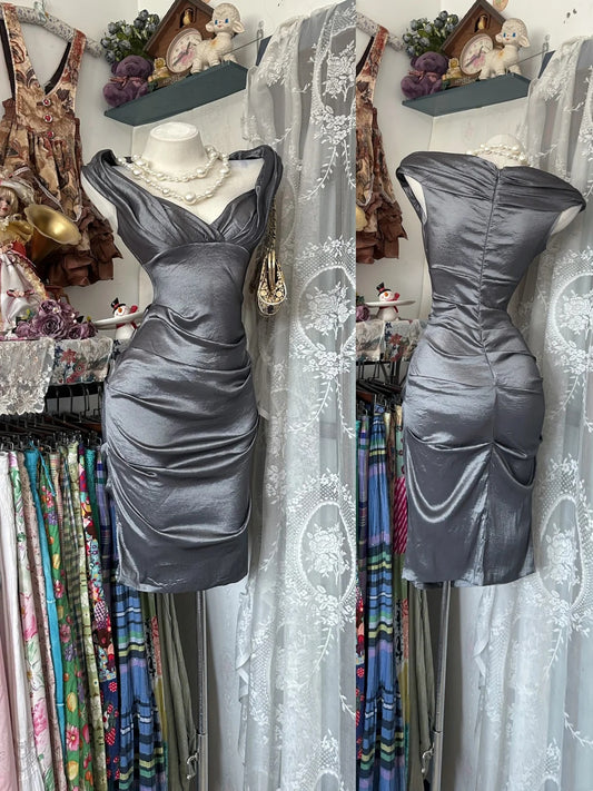 Sleek Grey Off‑Shoulder V‑Neck Ruched Satin Bodycon Short Homecoming Dress AS2339