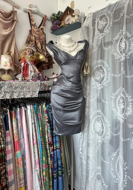 Sleek Grey Off‑Shoulder V‑Neck Ruched Satin Bodycon Short Homecoming Dress AS2339